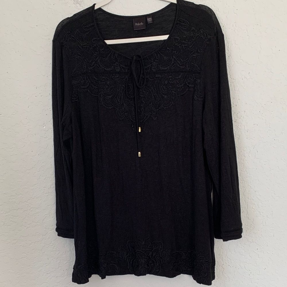 Rafaela Black Embroidered Lace Detail Long Sleeve Top Tunic Size XL